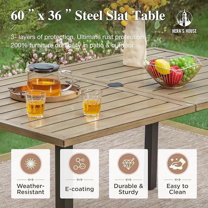 HERA'S HOUSE 7 Pieces Outdoor Dining Set, Outdoor Dining Set for 6, 6 x Cushioned Rattan Chairs, 1 x Rectangular Metal Dining Table with Wood-Look Finish for Patio, Lawn, Garden, Porch
