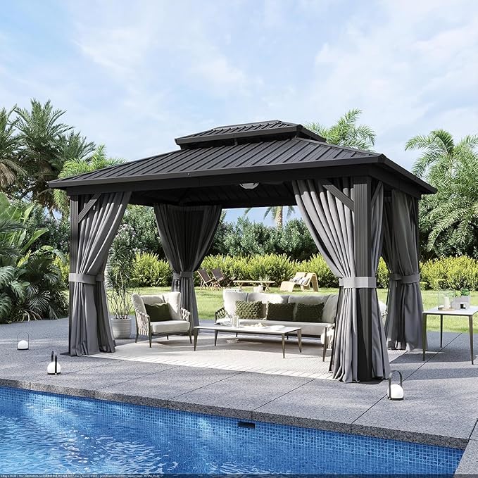 Aoxun 10'x14' Hardtop Gazebo, Aluminum Frame Canopy with Double Galvanized Steel Roof, Outdoor Metal Pavilion with Netting, Curtains for Backyard, Patio and Deck, with Ground Nails