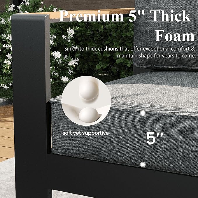 LayinSun 5 Piece Aluminum Outdoor Furniture Set with Coffee Table, Outside Patio Deep Seating Conversation Set with Upgraded Washable Thick Cushion