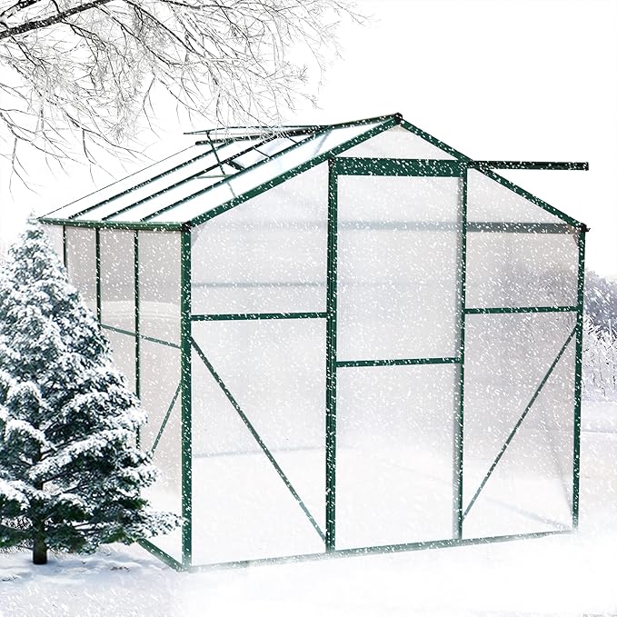 Favfurish 8x6 FT Greenhouses for Outdoors, Outside Heavy Duty Walk in Green House for Garden Plants, UV Protection Adjustable Roof Vent, Thermostatic Waterproof and Insect Resistant, Green