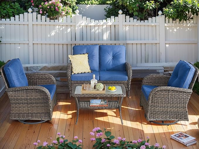 HUMMUH Outdoor Loveseat Sofa 2-Seat PE Wicker Outdoor Couch with Coffee Table,Deep Seat High Back Outdoor Patio Furniture for Patio,Garden,Porch,Deck(Blue)