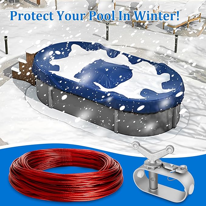 Belleone Swimming Pool Cover Cable and Winch Kit - 150ft Plastic-Coated Steel Pool Cover Wire & Aluminum Spring Loaded Pool Cover Ratchet for Above Ground Swimming Pool Winter Safe (Red)