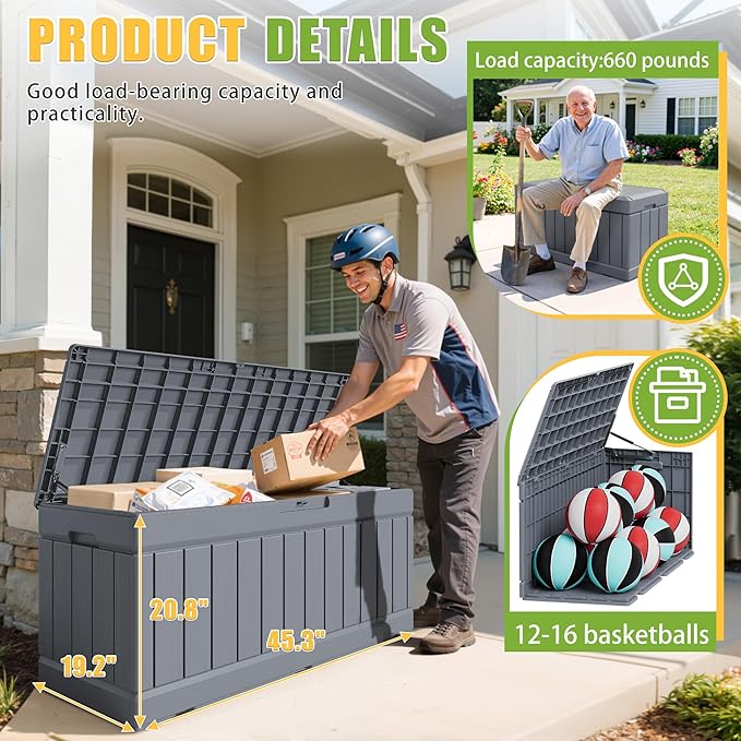 Greesum 82 Gallon Resin Deck Box Large Outdoor Storage for Patio Furniture, Garden Tools, Pool Supplies, Weatherproof and UV Resistant, Lockable, Gray