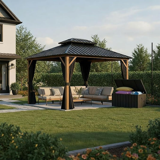 PURPLE LEAF 10' X 12' Hardtop Gazebo with Storage Box Outdoor Wood Grain Aluminum Frame Galvanized Steel Double Roof Gazebos with Netting and Curtains for Patio Deck Backyard Garden