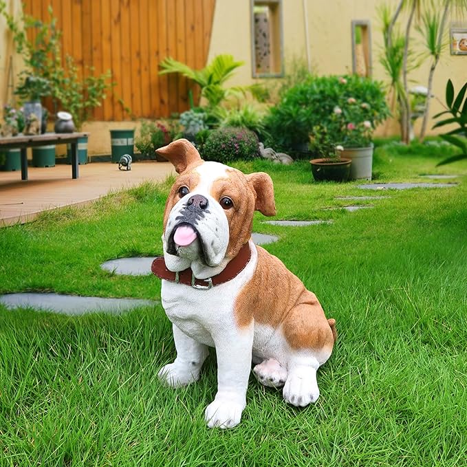 English Bulldog Outdoor Dog Statue with Flip-Over “Welcome/ON Patrol” Plaque and Solar Path Lantern, Brown & White Sitting Puppy for Porch & Lawn