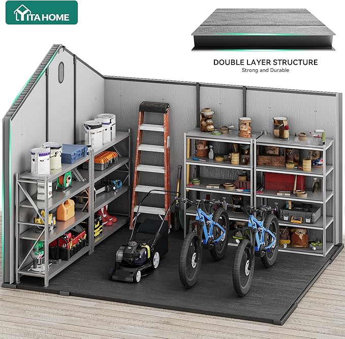 YITAHOME 8x10ft Outdoor Resin Storage Shed with Floor, 544 cuft Waterproof Garden Shed with Lockable Door, Windows & Vents, Plastic Tool Storage for Patio Furniture, Lawnmower, and Bike Storage, Gray
