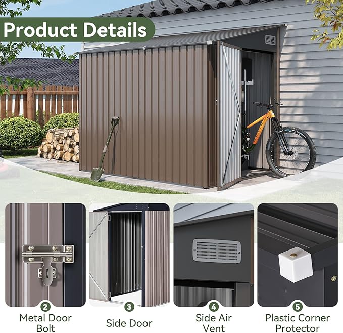 7'x5.5' Lean to Shed Large Storage Room Galvanized Steel Storage Sheds with Side Door Waterproof Utility Shed with Sloped Roof for Mower, Bike, Garden Tools (Brown)