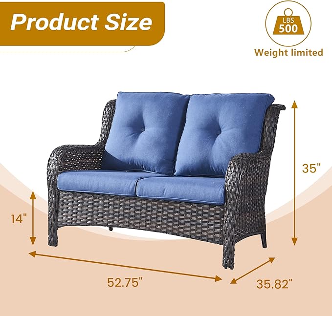 HUMMUH Outdoor Loveseat Sofa 2-Seat PE Rattan Patio Love Seat with Cushions,Deep Seat High Curved Back Armset Sectional Couch for Patio,Garden,Yard,Porch