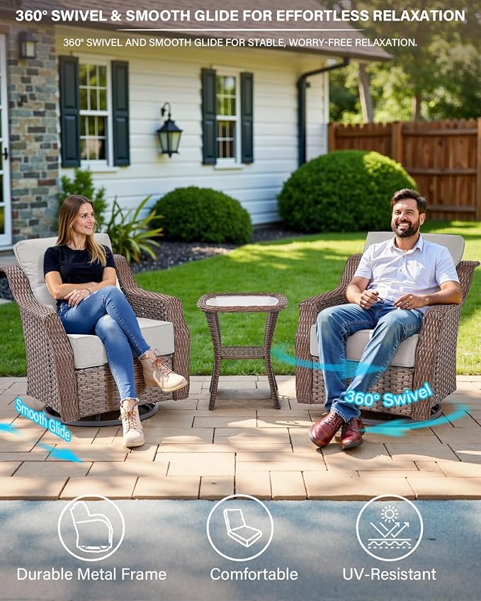 Belord Wicker Patio Furniture Set with 41” Fire Pit Table - Swivel Rocker Glider Outdoor Chairs with Sofa and Glass Top Side Table, All-Weather Removable 6" Beige Seat Cushion for Warm Patio Evenings