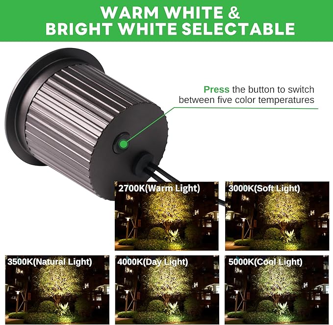In Ground Landscape Lighting Low Voltage - 2700K-5000K 5 Color Selectable IP67 LED Well Lights, Outdoor 12V Open Top in-Grade Light, ORB Aluminum for Lawn Driveway Garden 9W 700LM 4 Pack