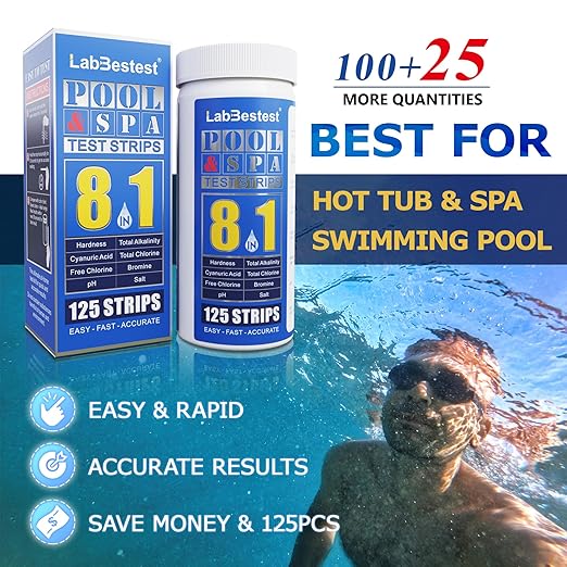Pool Salt Test Strips - Salt Water Pool Testing Kit - 125 Swimming Pool Spa Hot Tub Test Strips - Rapid Accurate Easy to Test Hardness, Bromine, pH, Salt and More (8-Way)
