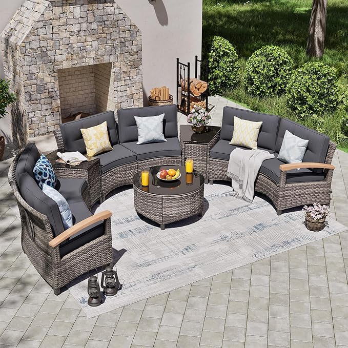 MEISSALIVVE 9 Piece Outdoor Patio Furniture Set, Half-Moon Curved Sectional Sofa Rattan Conversation Set with Wood Armrests, Coffee Table & Side Table（Grey）