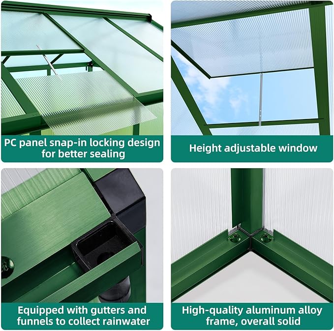 8x12 FT Greenhouse for Outdoors, Large Aluminum Greenhouses with Roof Vent and Quick Setup Structure, Greenhouse Heavy Duty with PC Panels, Walk-in Green Houses for Winter Garden,Backyard,Patio,Lawn