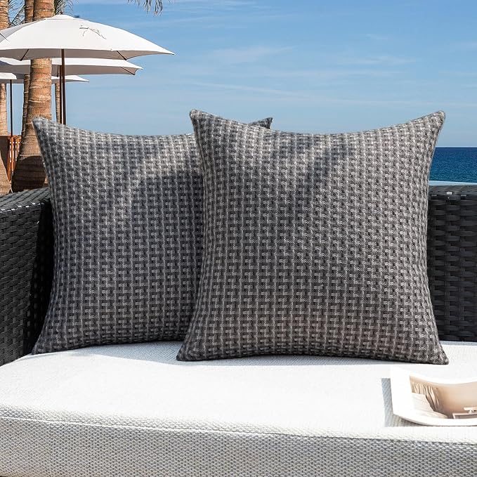 Kevin Textile Outdoor Waterproof Throw Pillow Covers Pack of 2 Weaving Texture Water Resistant Outside Decorative Cushion Covers for Garden Patio Tent Balcony Bench Couch Sofa 16x16 Inch, Dark Grey