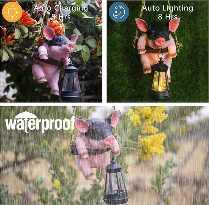 Hanging Pig Garden Lantern, Solar Light Holder, Outdoor Decorative Animal Statue with Rope