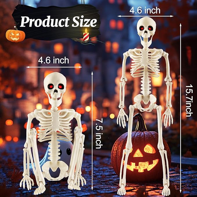 Remiawy Skeleton Halloween Decorations, 16” Full Body Posable Skeletons with Movable Joints, Small Plastic Hanging Props for Haunted House, Yard, Graveyard, Spooky Party Indoor Outdoor Decor, 2 Packs
