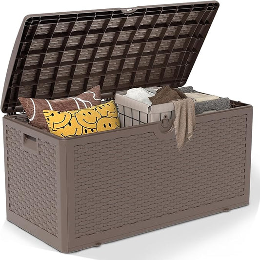 80 Gallon Pro Outdoor Storage Box Waterproof Lockable Resin Deck Box Large, Patio Storage Bin for Pool Accessories Cushion Furniture, Garden Tools, UV-Resistant Outside Delivery Brown