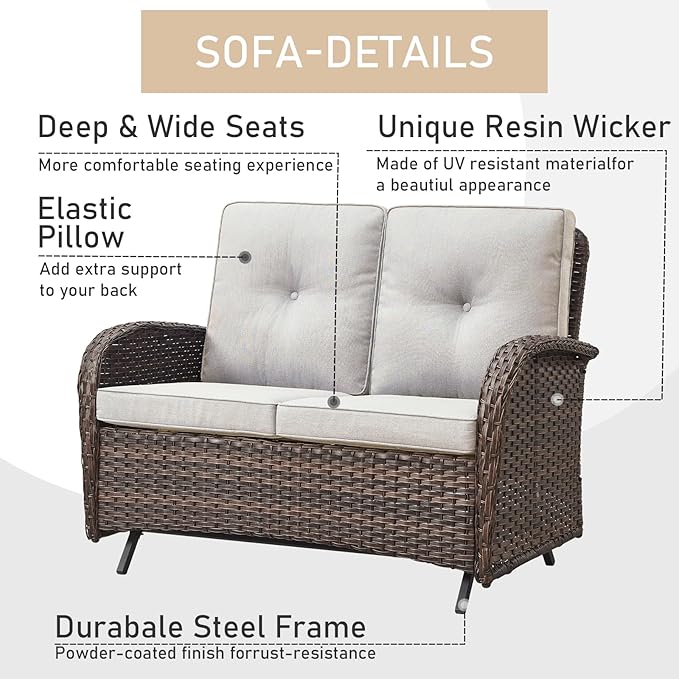 HUMMUH Patio Furniture 7-Piece PE Wicker Outdoor Conversation Set,All-Weather Rattan Swivel Chairs with Ottomans Glider Loveseat for Backyard,Poolside,Deck
