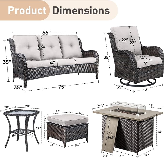 Wicker Outdoor Conversation Se with 50,000 BTU Gas Propane Fire Pit Tablet-7 Pieces Outdoor Wicker High Back Couch Patio Furniture for Deck Poolside Backyard