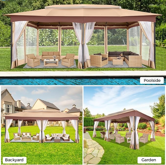 COBIZI Gazebo 12x20 Heavy Duty Gazebos with Improved Nettings Outdoor Gazebo Canopy Double Roof Patio Gazebos with Metal Steel Frame for Patio, Garden, Backyard (Khaki)