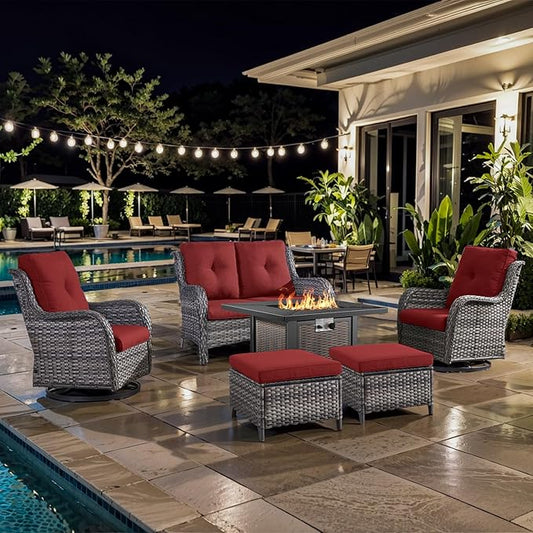 6 Pieces Patio Furniture Set with Fire Pit Table, Wicker Rattan Outdoor Furniture Set with Loveseat and Swivel Chairs for Yard, Deck, Garden, Grey Wicker/Red Cushion