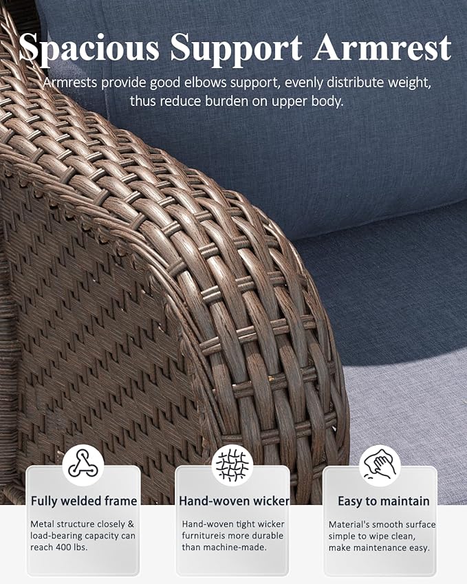 LayinSun 7 Piece Wicker Outdoor Furniture Set with 6-inch Comfy Cushions, High Back Patio Furniture Set with Rattan Armchairs and Fire Pit Table