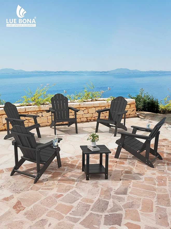 LUE BONA HDPE Adirondack Chairs Set of 2,Plastic Adirondack Chairs with Cup Holder Weather Resistant for Outdoor, Patio, Lawn, Garden, Backyard Deck, Fire Pit, Black