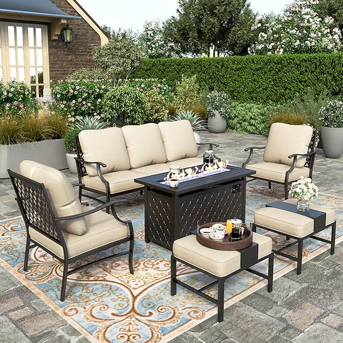 HERA'S HOUSE 6 Pieces Patio Furniture Set with Fire Pit Table, 2 x Single Chair, 2 x Ottoman, 3-Seat Sofa with 45" Fire Pit Table, Outdoor Conversation Set for Garden, Poolside, Backyard