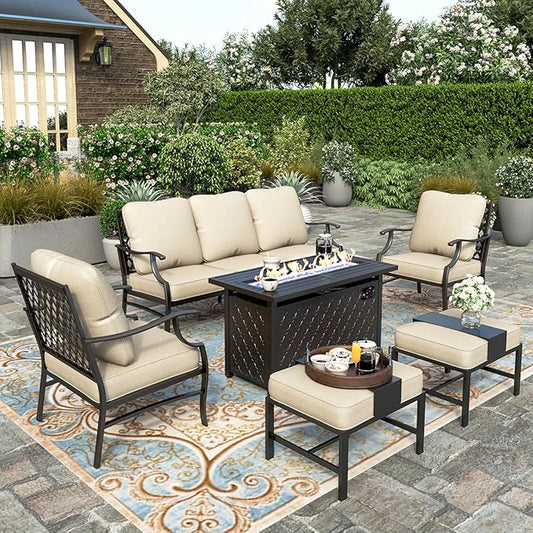 HERA'S HOUSE 6 Pieces Patio Furniture Set with Fire Pit Table, 2 x Single Chair, 2 x Ottoman, 3-Seat Sofa with 45" Fire Pit Table, Outdoor Conversation Set for Garden, Poolside, Backyard
