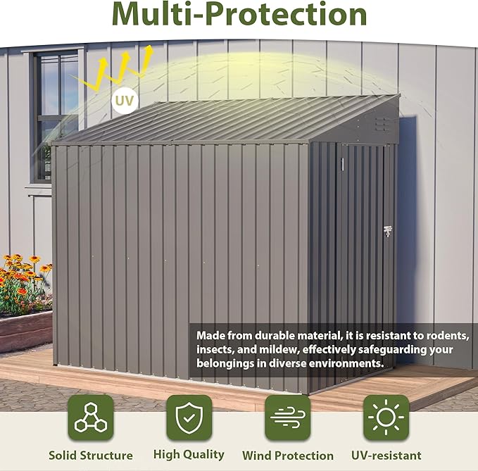 4x8 FT Outdoor Storage Shed,Lean to Lockable Metal Garden Shed Steel with Reinforced Beams,All Weather Waterproof Storage House W/Lockable Door,for Backyard,Patio,Lawn,Garden,Dark Gray