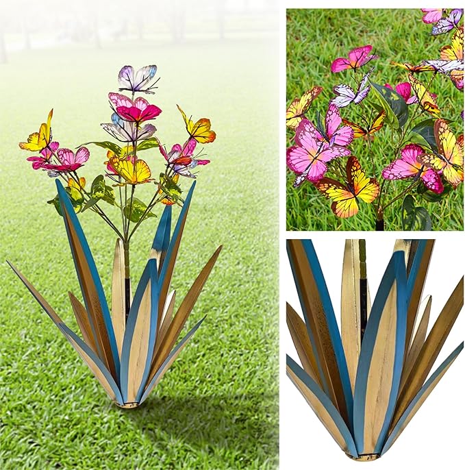 TOMBABY Garden Outdoor Butterfly Enlarge Thickened Wind Resistant Metal Agave Garden Art Metal Plant Country Sculpture Statue Decorations Ornaments Artificial Waterproof Butterflies (Blue 3pcs)