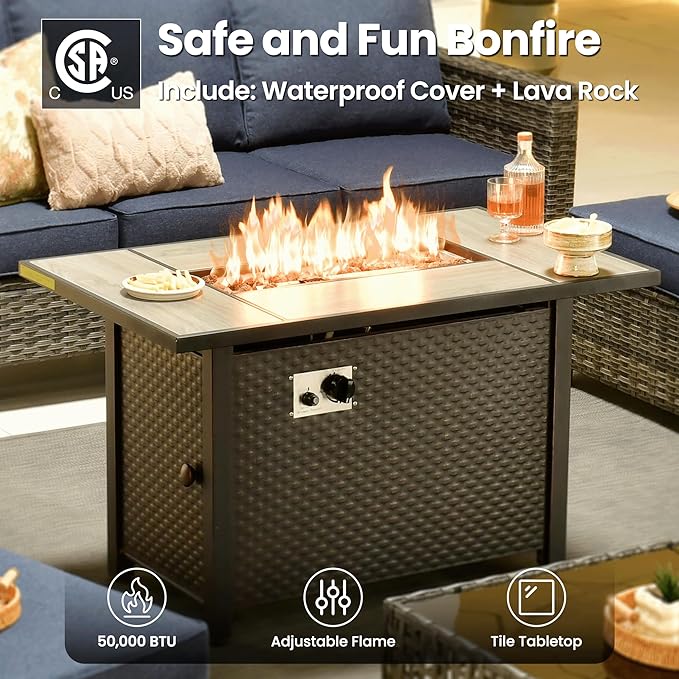 ovios 7 Pieces Patio Furniture Set with 42" Fire Pit Table, Outdoor Sofa Couch with Solar Lights Table Comfy Cushions, Modern Deep Seat Wicker Rattan Conversation Set, Denim Blue