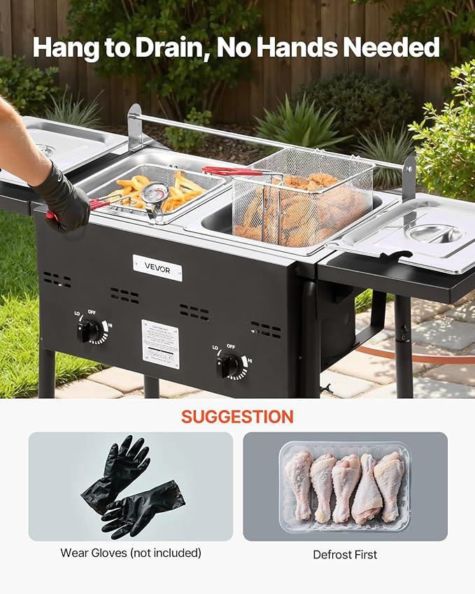 VEVOR Outdoor Propane Deep Fryer, Dual-Tank 8QTx2 Commercial Fryer, Stainless Steel Cooker with Foldable Platform, Dual Basket, and Heat Adjustment, Floor Standing Fryers for Restaurant Home Snack Bar