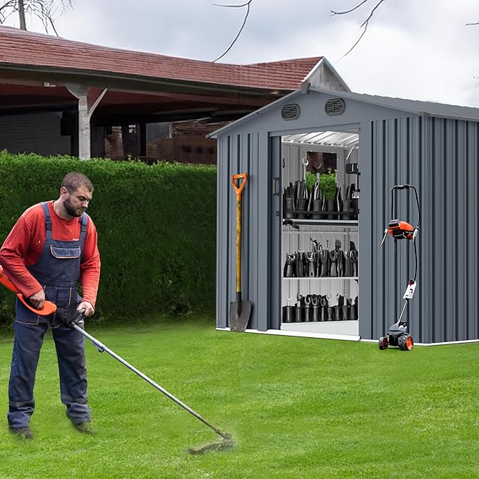 Outdoor Storage Shed, Metal Garden Shed with Double Doors, Galvanized Steel, Waterproof and Rustproof (8x10 FT Metal Shed)