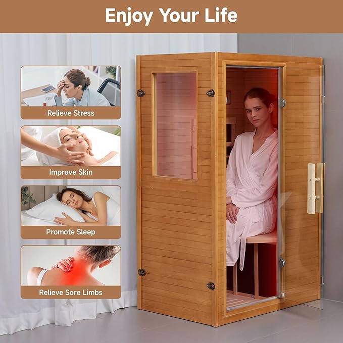 springspa Infrared Sauna Home Sauna, Indoor Far Infrared Saunas for Home, 1 Person Low Emf Canadian Hemlock Wooden Spa Room 950w, 110v with Control Panel
