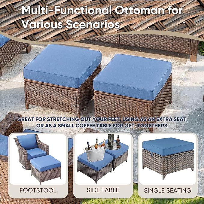 4 Piece Patio Furniture Set-Outdoor Rattan Wicker Sofa with Patio Chairs Outdoor Furniture for Porch Garden Backyard Poolside-Brown/Blue