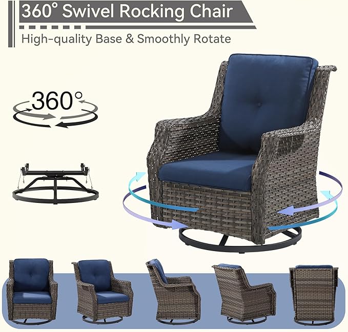 Patio Bistro Set 3 Pieces - Outdoor Swivel Rocker Patio Chair Set of 2 with Matching Tempered Glass Side Table, Cushion Included(Mixed Grey/Blue)