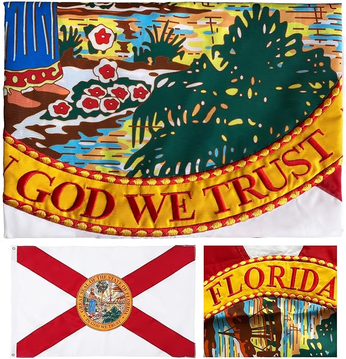 Florida State Flag 3x5 Embroidered Outdoor Double Sided- 3Ply Heavy Duty 300D Nylon(All Weather)- Big State Of Florida Flag 3x5-2 Brass Grommets & 4 Rows Stitched