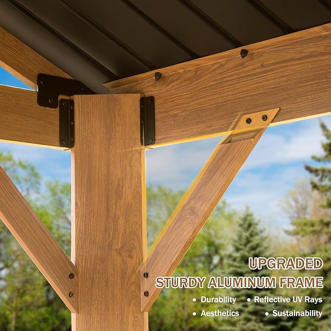 Domi 12' X 20' Hardtop Gazebo with Galvanized Steel Gable Roof and Wood Grain Aluminum Frame, Outdoor Permanent Gazebo Pavilion for Patio, Garden, Deck, Backyard