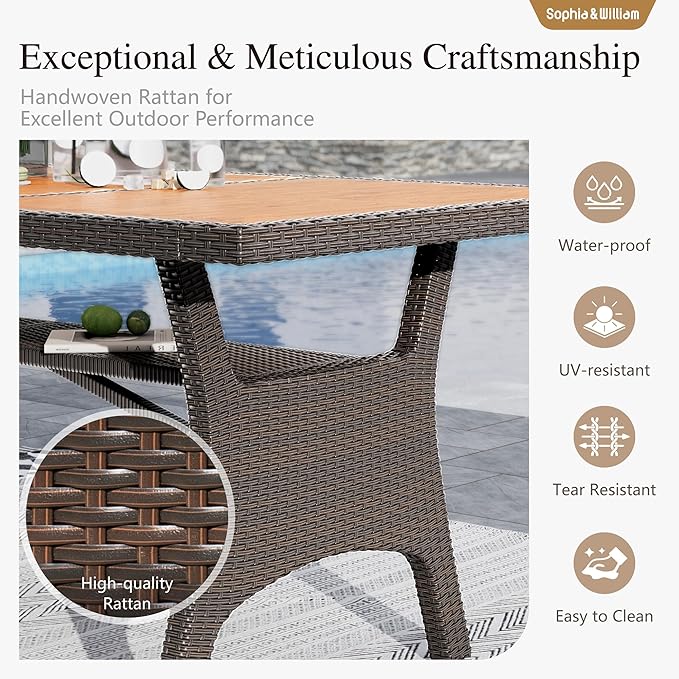 Sophia & William 74 inch Outdoor Dining Table, Acacia Wood & Wicker Patio Dining Table for 6-8 Person, Metal Legs & Adjustable Foot Pads, Large Rectangular Table for Garden, Porch, Backyard