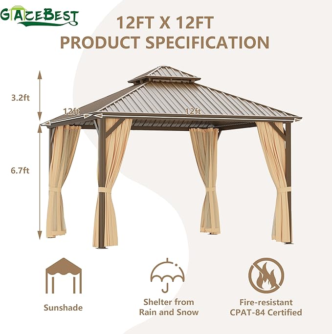 12x12 ft Hardtop Gazebo Outdoor Aluminum Patio Gazebo Double Roof Galvanized Steel Canopy with Netting and Curtains for Garden, Backyard,Deck and Lawns