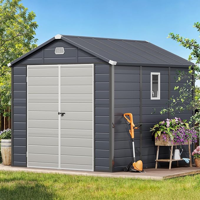 DWVO 8x9FT Outdoor Storage Shed w/o Floor, All-Weather Plastic Shed with Lockable Doors, Window & Vents, Plastic Tool Shed for Backyard, Patio, Poolside, Lawn, Gray