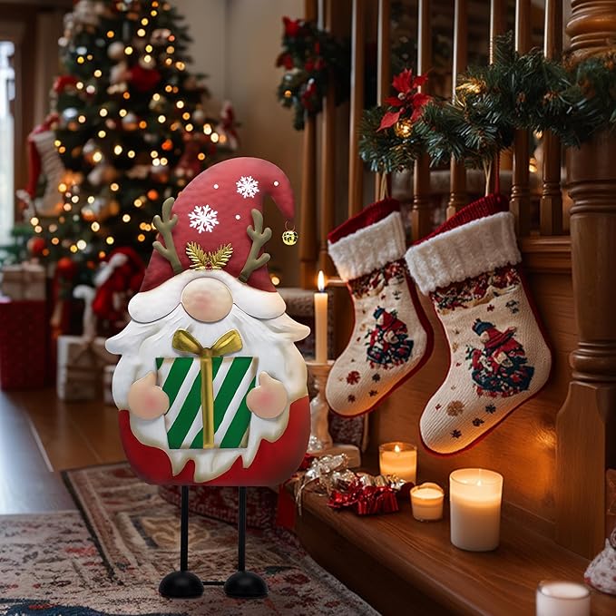 TERESA'S COLLECTIONS Gnome Christmas Decorations,Metal Red White Santa Holding Gifts,Christmas Gnome Statue for Garden Indoor Outdoor,Decorative Yard Art Signs for Lawn Xmas New Year Winter Decor,24"