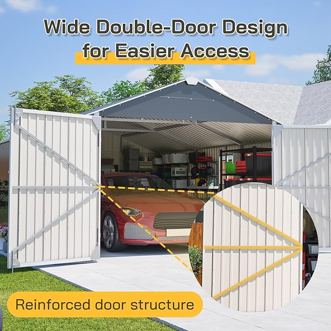 12x20 FT Garage Shed Outdoor Storage 1810 CU.FT Large Metal Garden Tool Sheds for Vehicle with Lockable Doors Floor Frame Window Gable Roof Waterproof for Backyard Patio Lawn, Black