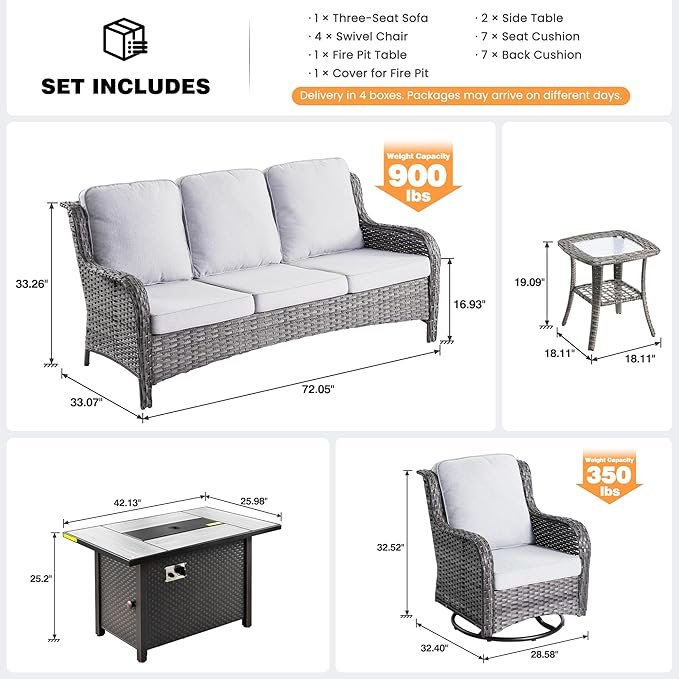ovios 8 Pieces Patio Furniture Set, Outdoor Wicker Sofa Couch with Swivel Chairs 42" Fire Pit Table, High Back All Weather Modern Conversation Sets, Grey Rattan, Grey