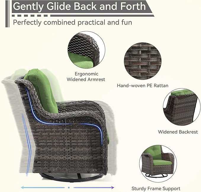 6 Pieces Outdoor Furniture Set - Patio Wicker Swivel Rocker Chair Set of 4 and 2 Side Table, Green, Mixed Brown Rattan, Suitable for Porch, Yard