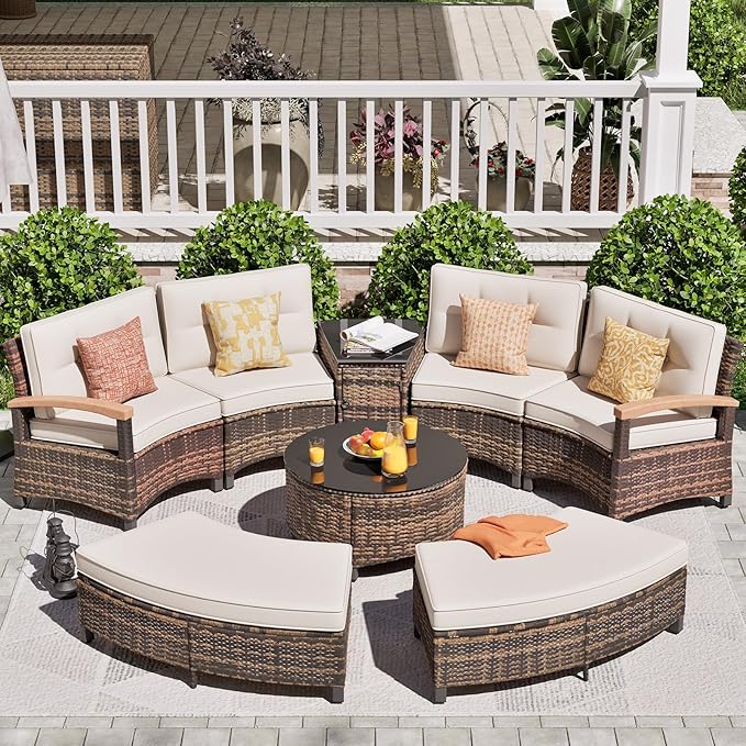MEISSALIVVE 8 Piece Outdoor Patio Furniture Set, Half-Moon Curved Sectional Set with Wood Armrests, Patio Conversation Set, 2 Half-Moon Ottomans，Coffee & Side Tables (Brown)