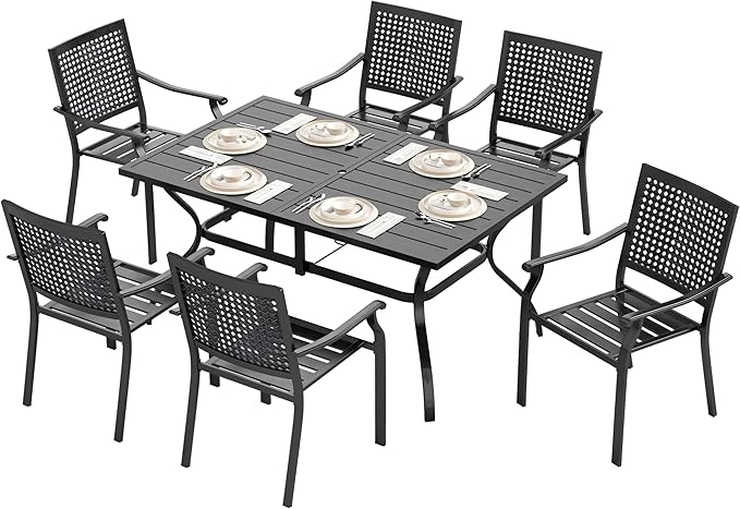 Sophia & William 7 Piece Metal Outdoor Patio Dining Bistro Sets with Umbrella Hole, 60" x 37.8" Rectangle Patio Table and 6 Backyard Garden Outdoor Chairs
