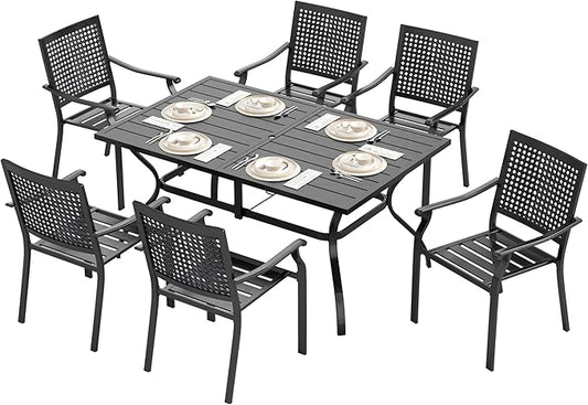 Sophia & William 7 Piece Metal Outdoor Patio Dining Bistro Sets with Umbrella Hole, 60" x 37.8" Rectangle Patio Table and 6 Backyard Garden Outdoor Chairs