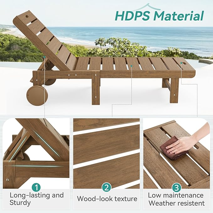 Outdoor Chaise Lounge Chairs with Table, 2-Piece, 26.8” Super Wide Lounge Chair Outdoor, HDPS Pool Chairs with 5 Positions, Patio Lounge Chair with Wheels for Pool,Lawn,Backyard, Brown